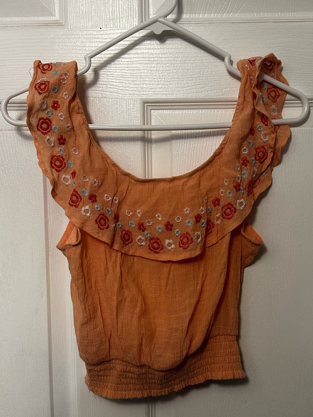 Embroidered Orange Ruffle-Sleeve Women's Top